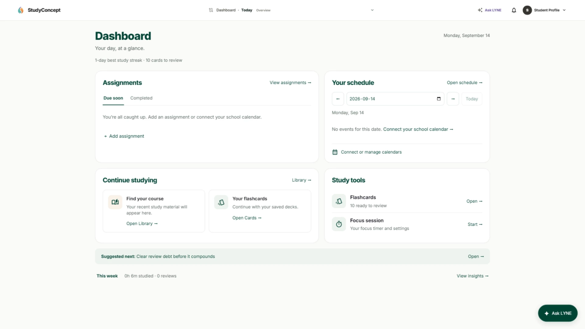 The Study Concept dashboard, with assignments, your school schedule, and study tasks in one workspace.