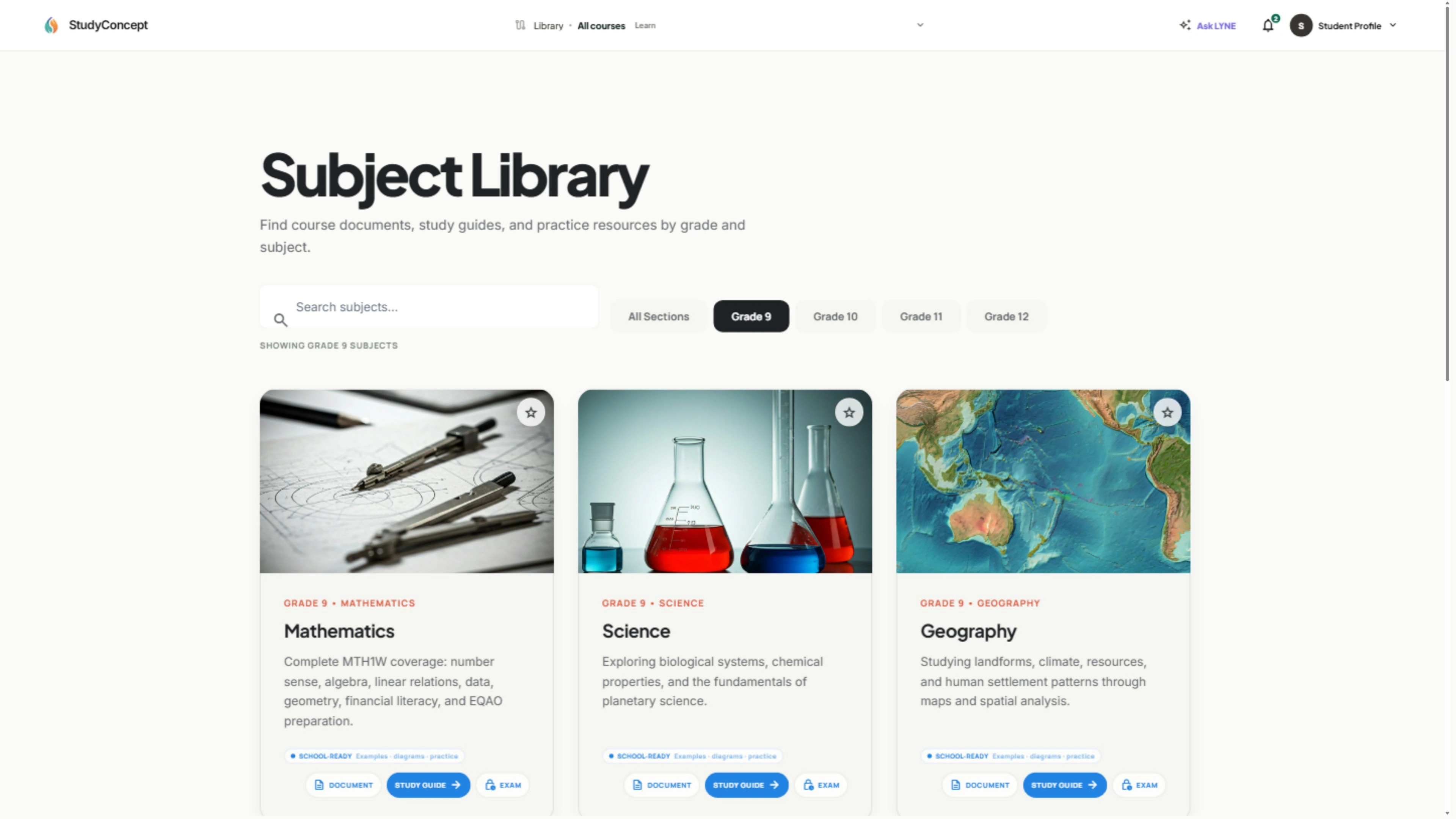 The Study Concept library screen with fictional demonstration data