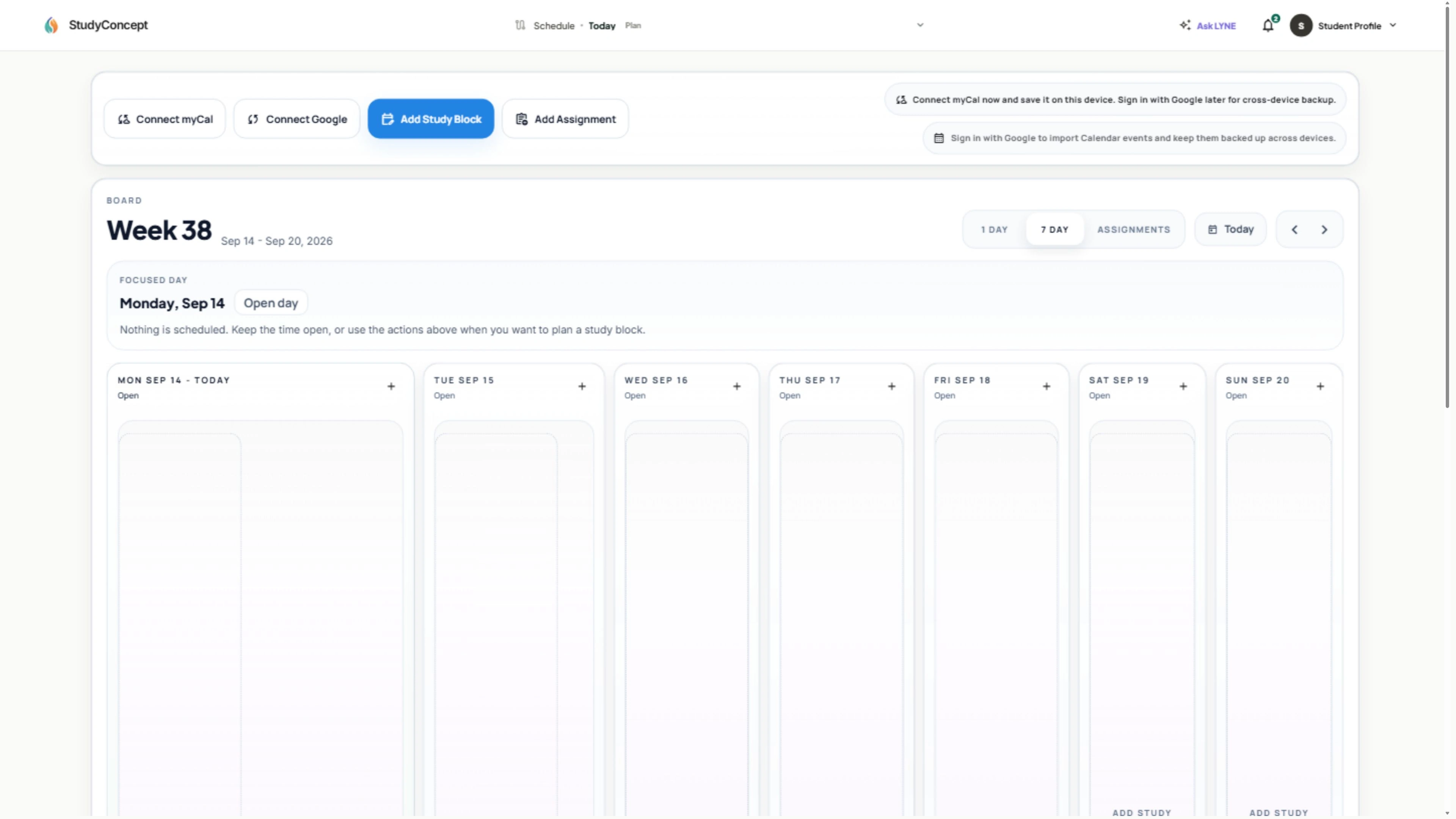 The Study Concept schedule screen with fictional demonstration data